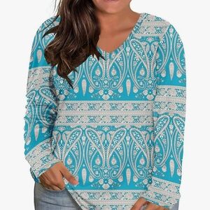 Women's Plus Size Blue Paisley Long Sleeve Top - 22